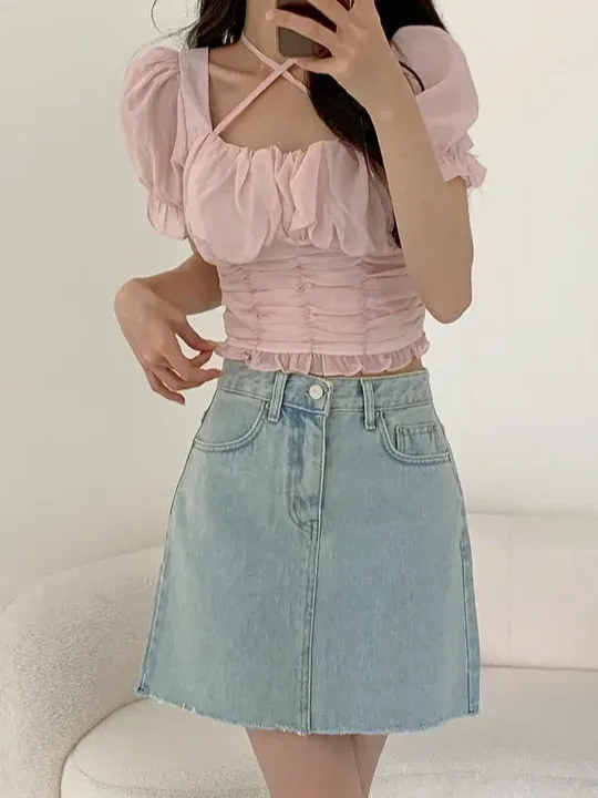 

Women's Bubble Sve Chiffon irt Sexy Ne Hanging Pleated Waist in Trend ort Sve Korean Sle Commute Pure Color