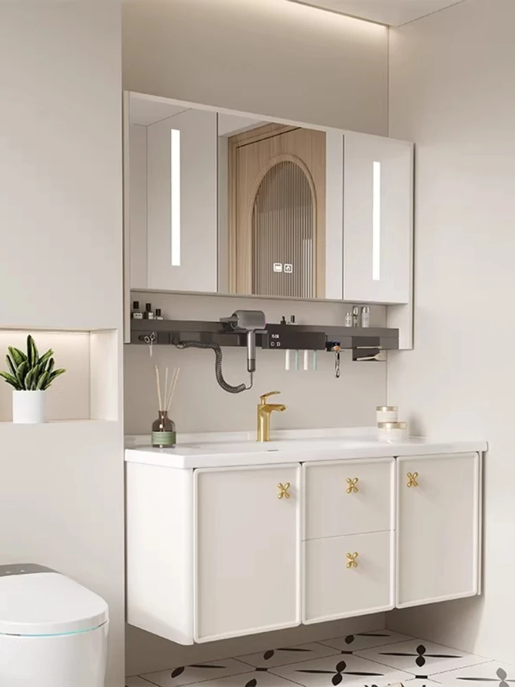 

Integrated ceramic basin bathroom cabinet combination warm color French cream style bathroom cabinet washbasin solid wood