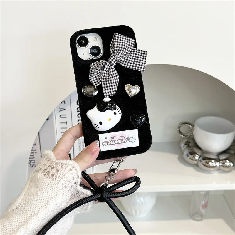 Cute Hello Kitty Plush Bow embroidery Kawaii Phone Case For Iphone 16 15 14 13 Promax Y2k Sweet Girl Phone Protective Cover