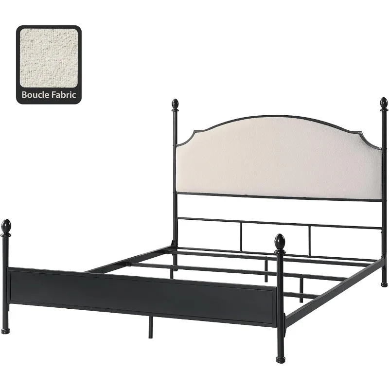 

Eleanor Modern Curved Metal Poster Bed King Size with Boucle Fabric Headboard and Panel Style Footboard, Gunmetal Black