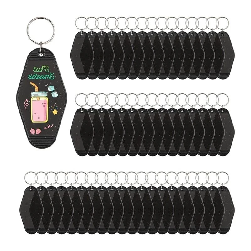 Blank Motel Keychain Bulk 50Pcs With Rings, Black With Glitter Vintage Hotel Keychains For DIY Crafts