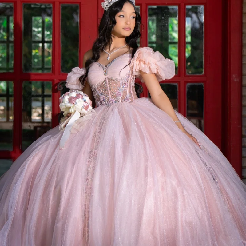 

Pink Quinceanera Dress off-shoulder Glitter Flower Crystal Decal Long tail Bow vestidos de 15 Quinceanera ﻿Customize
