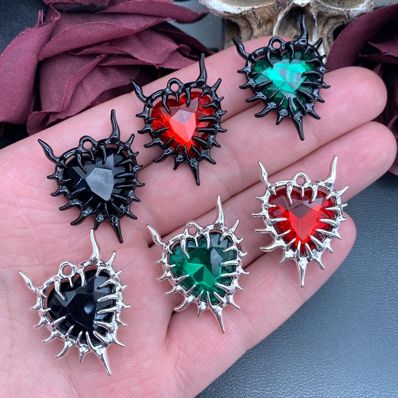 4pcs Gothic Thorn Heart Charms Spiky Burning Heart Pendant Punk Necklace Earring DIY Thorns Charms Jewelry Handicraft Making