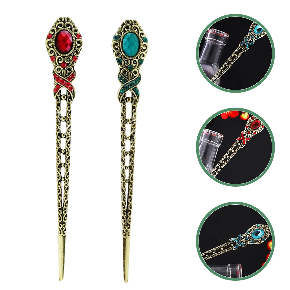 

2 Pcs Vintage Hairpin Sticks Rhinestones Chopsticks for Women Elegant Accessories