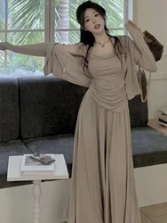 Elegant Summer Three-Piece Set Women's High Waist Casual Skirt Pants Sun Protection Sleeveless Top Polyester Long Sleeve