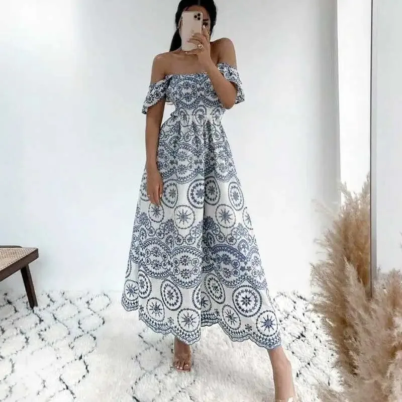 Gypsylady Boho Floral Embroidery Maxi Dress Blue Cotton Hollow Out Backless Dress Women Ruffles Vocation Sexy Ladies Robe Female