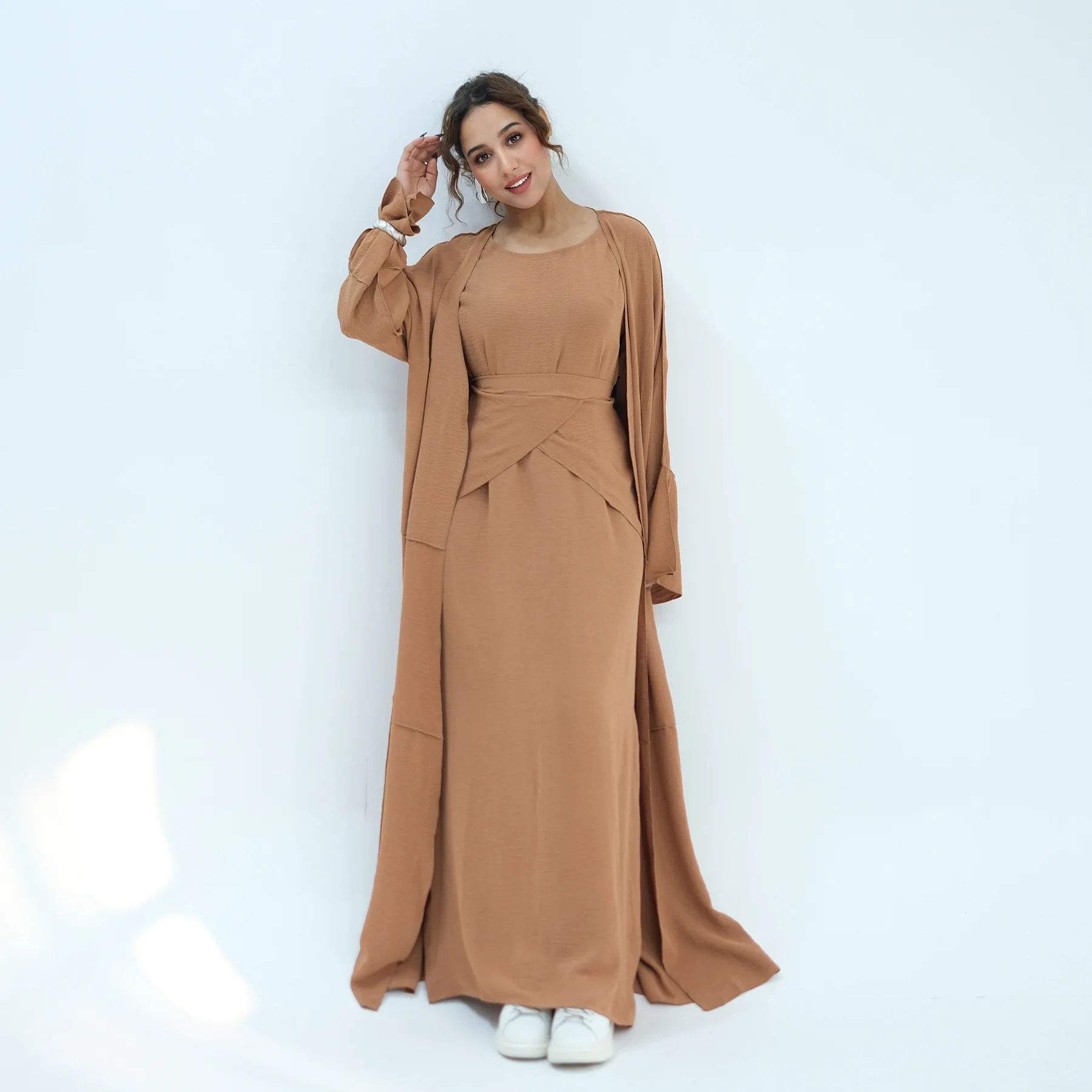 

Eid Suit Women Modest 3 Piece Set Dress Apron Long Coat Islamic Muslim Prayer Vestidos Outfits Dresses Open Abayas Ensemble