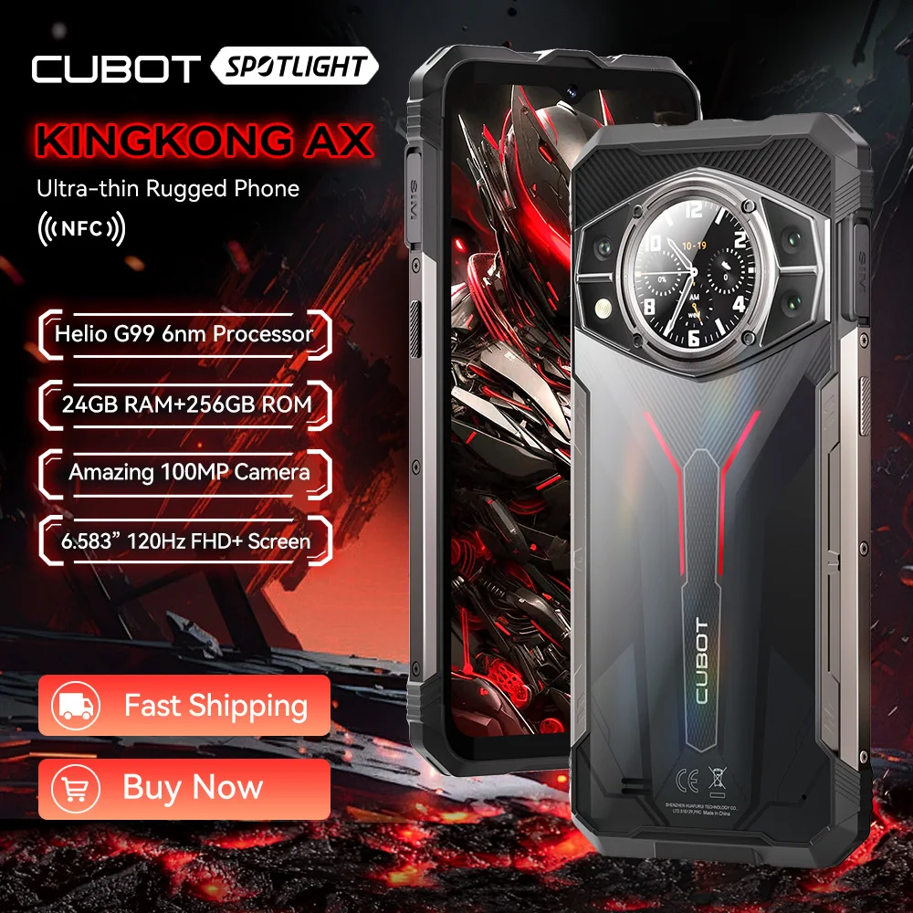 [Envio do Brasil] Smartphone Cubot-KINGKONG AX Ultra-Fino e Robusto, Android 14, Helio G99, 24GB RAM, 12 + 12GB, 256GB ROM, Tela 120Hz, 100MP, NFC