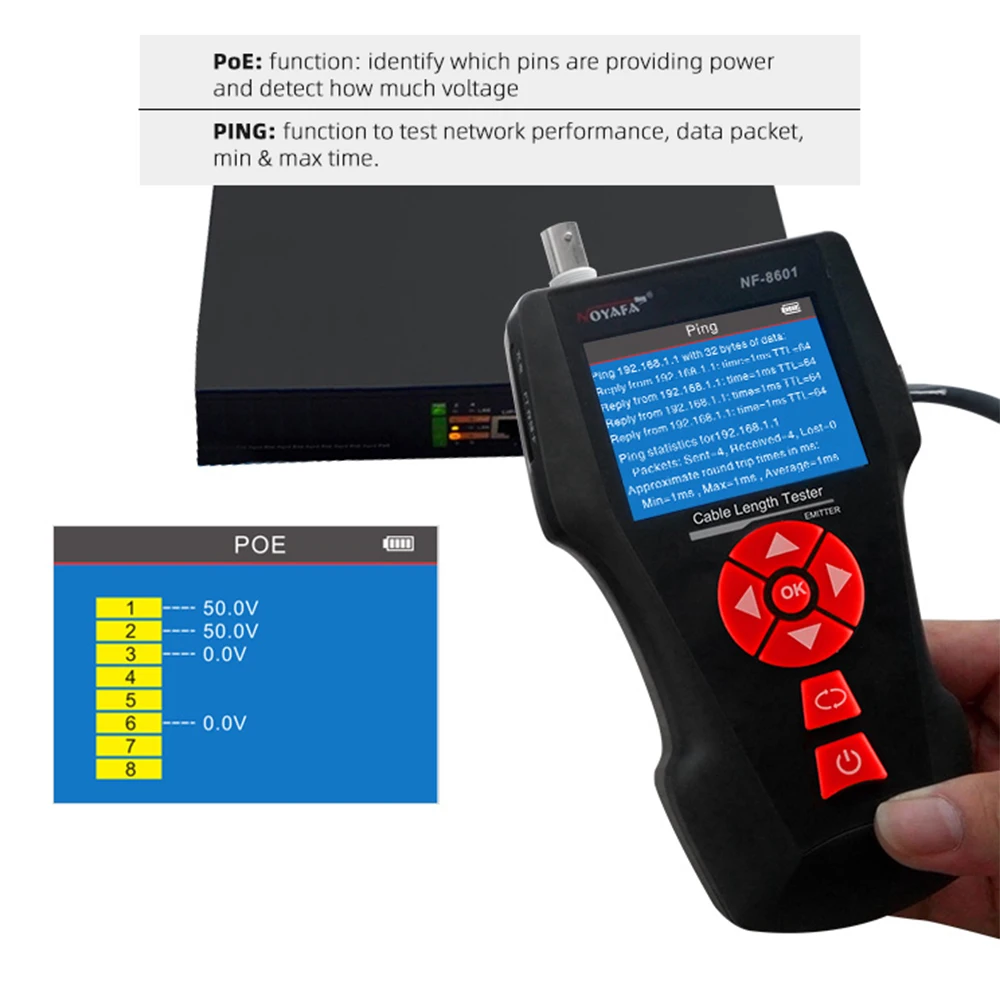 NOYAFA NF-8601 Network Cable Tester Wire Check Design POE PING LCD Cable Length Test Tracker Breakpoint Tester For RJ11 RJ45 BNC