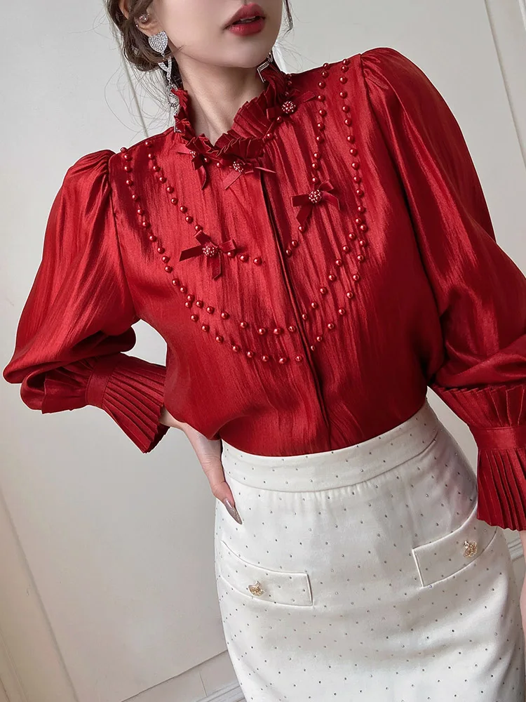 DABUWAWA Tienda Vestidos Elegantes Para Mujeres Embroidered Flares Shirts & Blouses Wrinkling Tierred Stand Tops Y2k DA1AST007