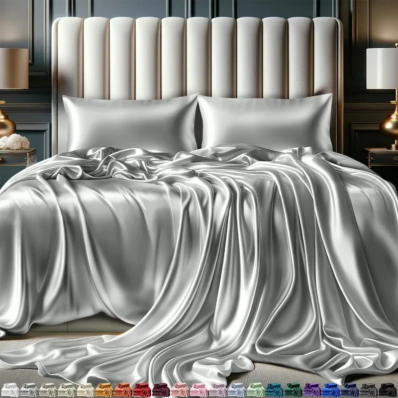 

Satin Sheets Queen Size Set 4 Pcs - Silky & Luxuriously Soft / 15 inch Deep Pocket - Wrinkle Free (Grey)