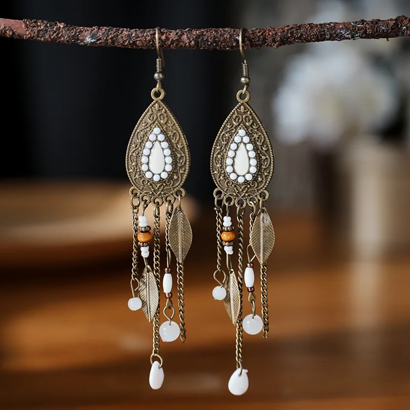 Classic Bohemian Vintage Water Drop Earrings for Women Ethnic Style Handmade Long Chain Bead Tassel Earring Pendientes Mujer