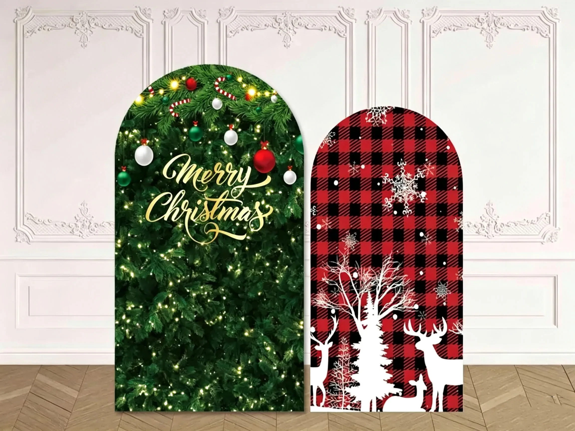 Custom Double-Sided Merry Christmas Arch Backdrop Cover Red Plaid Santa Christmas Tree Snowflakes Birthday Party Photography