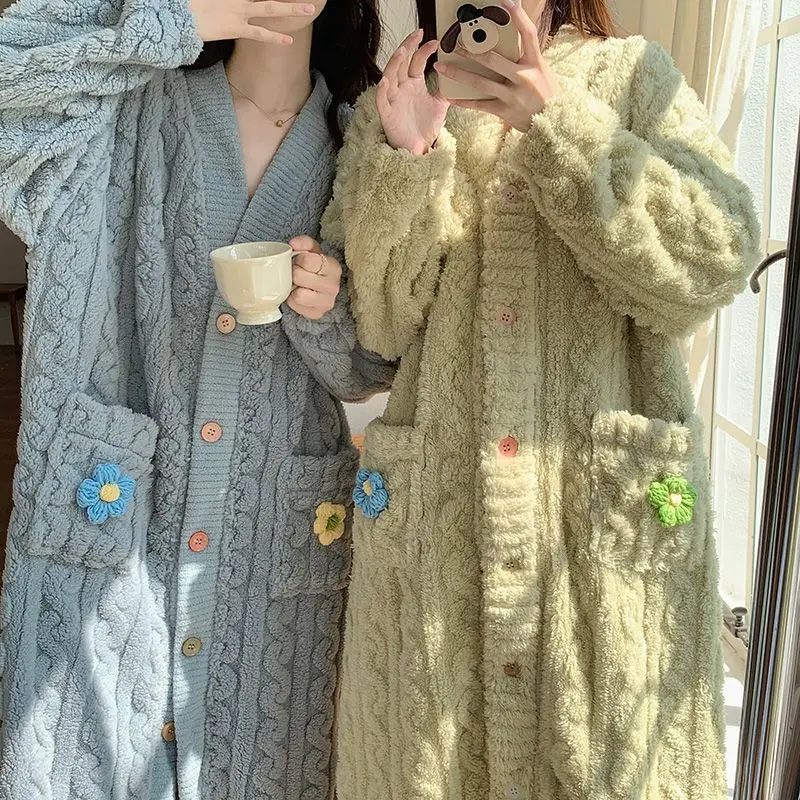 Appliques Robe Women Button Sleepwear Nightdress Winter Night Wears Pajama Nightgown Long Sleeve Warm Fleece Homewear Japanese