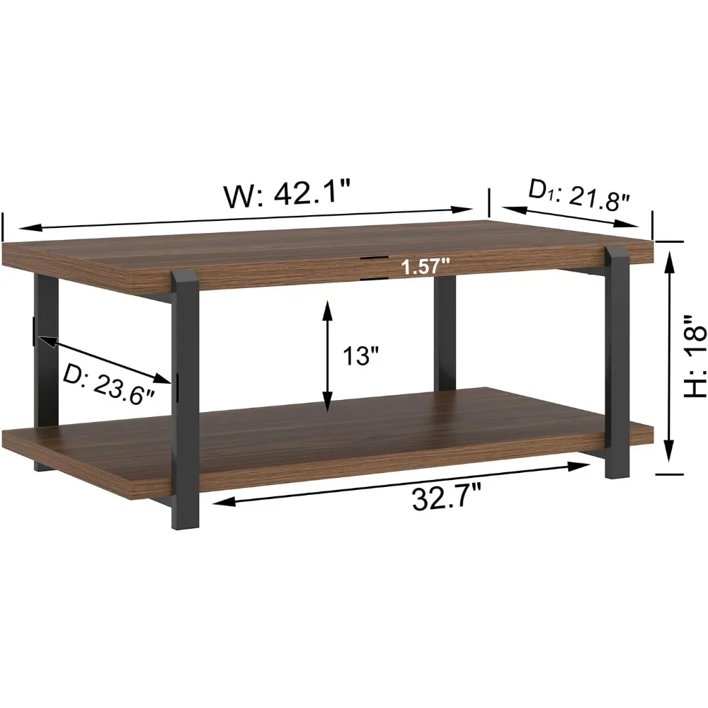 Mesa De Centro Moderna com Prateleiras De Armazenamento, Metal Industrial e Madeira, Mesa De Sala De Estar, Quarto e Escritório