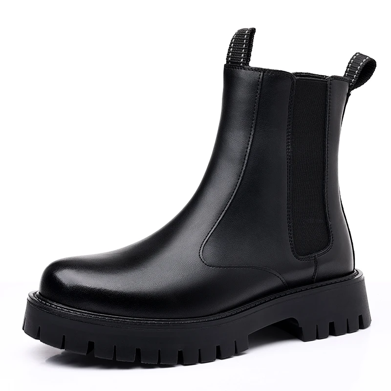 Winter Platform Chelsea Boots Men Ankle Shoes British Style Fashion Botas Chelsea Hombre Black Plush Microfiber Leather