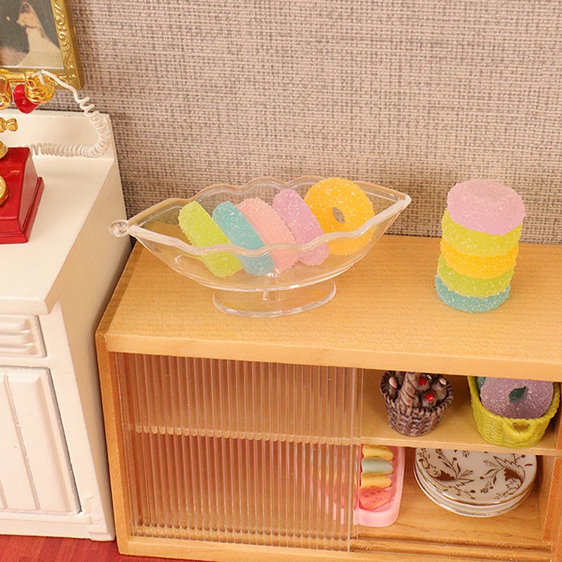 Gomitas de caramelo de colores a escala 1/12, casa de muñecas en miniatura, gotas de gelatina con plato de almacenamiento para casa de muñecas BJD, juguete de cocina