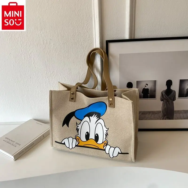 MINISO   Disney Cute Cartoon Anime Donald Duck Handbag Women\'s Fashion High Quality Canvas Large Capacity Tote Bag