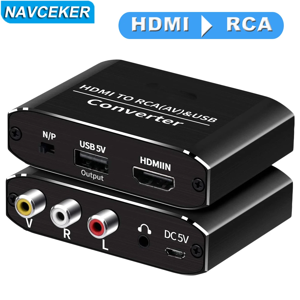 

Navceker HDMI-compatible to RCA Converter AV/CVSB L/R Video Box HD 1080P 1920*1080 60Hz HDMI2AV Support NTSC PAL Output HDMIToAV