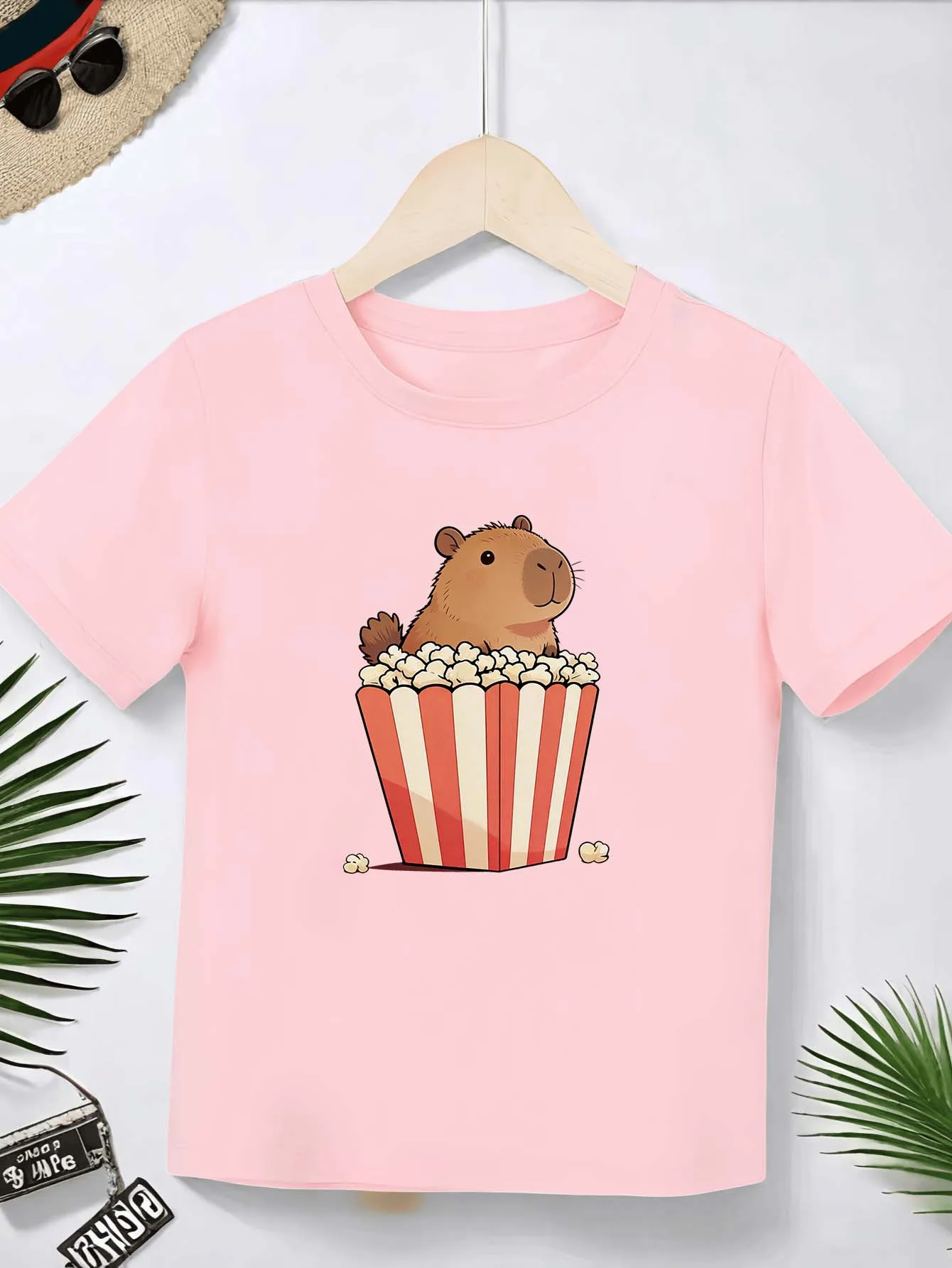 Capybara Popcorn Cartoon Print Boys Girls T Shirt Cute Animal Kids Tee Parent Child Matching Casual Summer Family Daily Tops