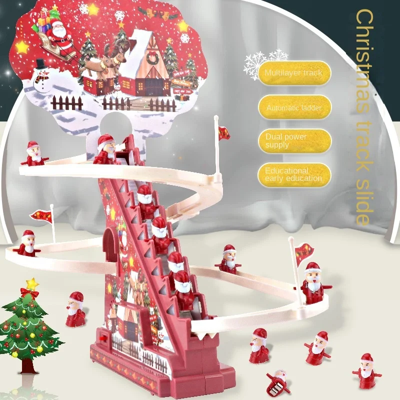 

New Santa Claus Climbing Stairs Early Education Electric Track Little Yellow Duck Light Music Pig Toys Christmas Halloween Gift