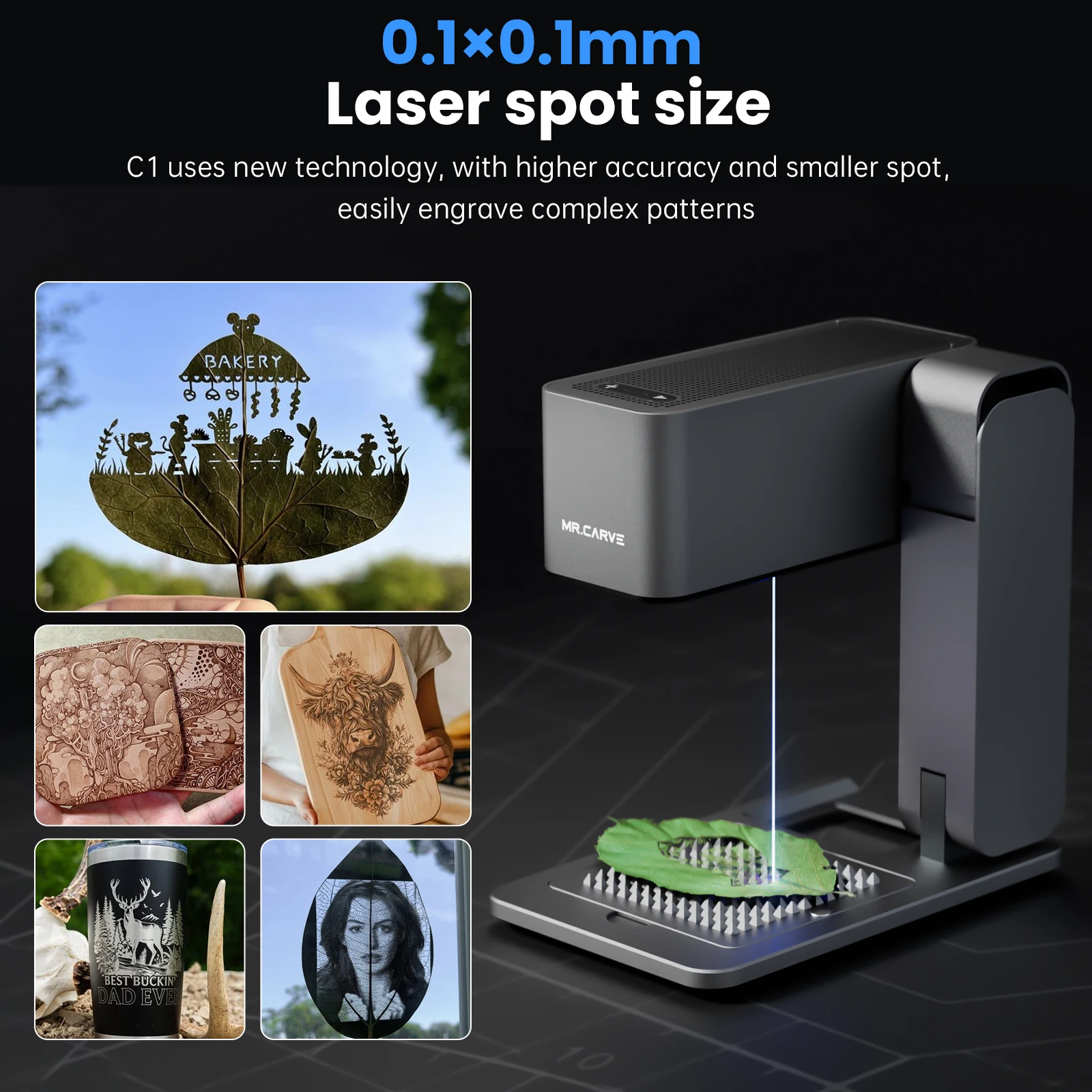 MR.CARVE C1 Lasergraveerder Draagbare lasergraveermachine voor mobiele APP Windows Mac Graveren bladeren hout Kunststof Geschilderd metaal