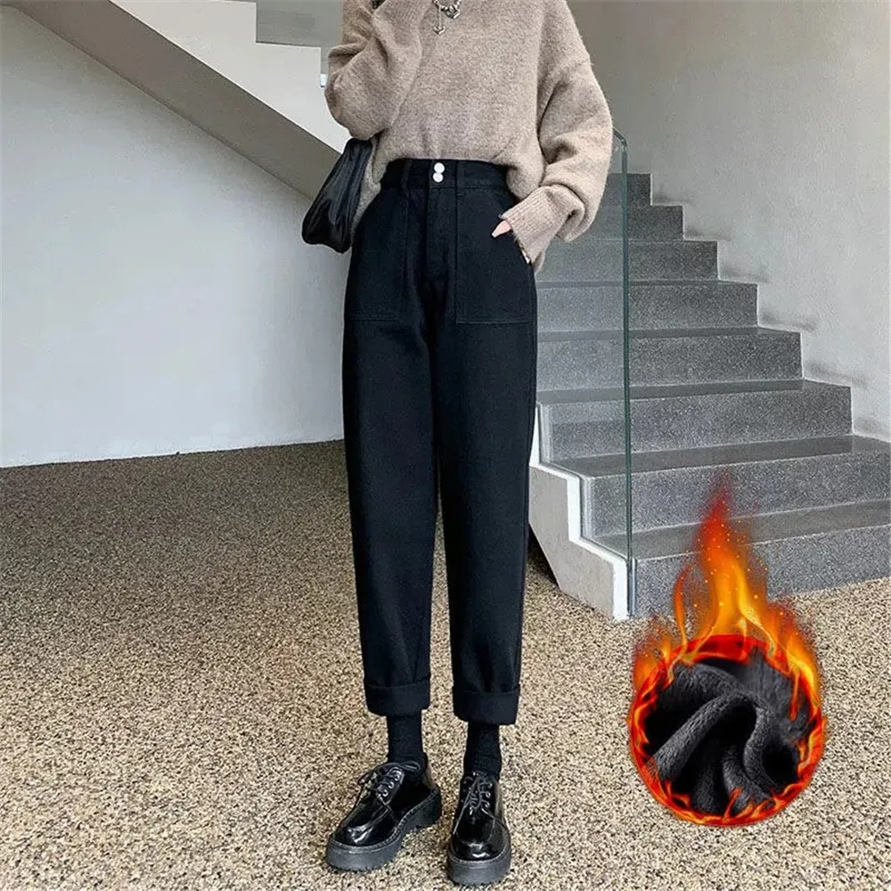 

Black Add Velvet Harlem Jeans Female 2022 Autumn Winter High Waist Denim Pants Thicken Warm Straight Loose White Radish Pants