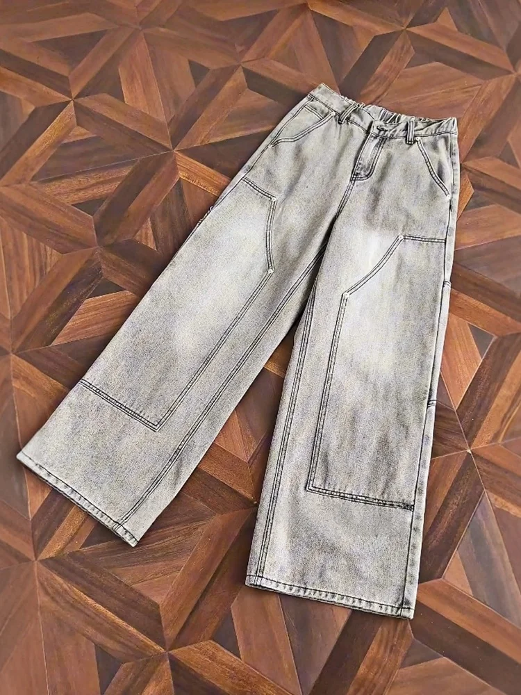 

Мужские прямые джинсы Cleanfit e ey с заклепками, дизайн High Street Faion Wooutter, рабочая одежда, повседневная одежда на молнии со средней талией...