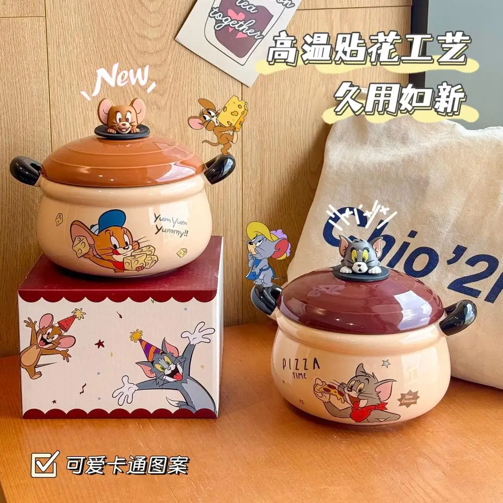 Cartoon Tom and Jerry Ceramic Instant Noodle Bowl Cute Anti-Scald Household Use Dormitory Tableware Kawaii Soup Bowl with Lid