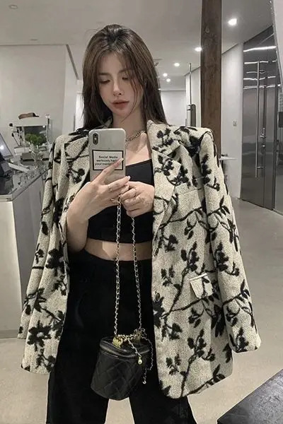 

Insozkdg Retro British Style Loose Casual Flower Suit Jacket for Women Autumn/Winter Korean Fashion Commuting Blazer Women Tops
