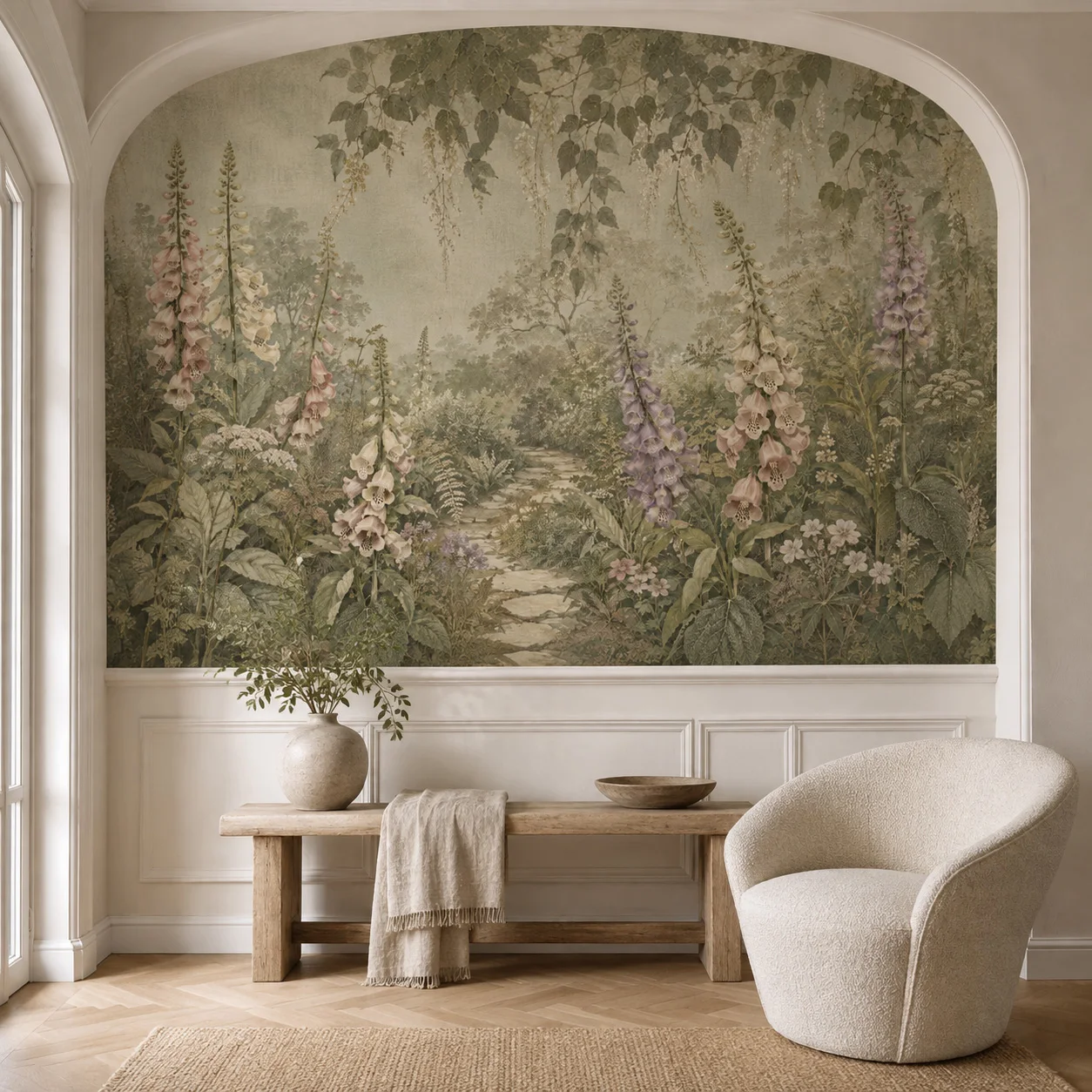 Vintage Botanical Garden Wall Mural, Foxglove Floral Wallpaper, Cottagecore Home Decor, Non Self Adhesive, Glue Required