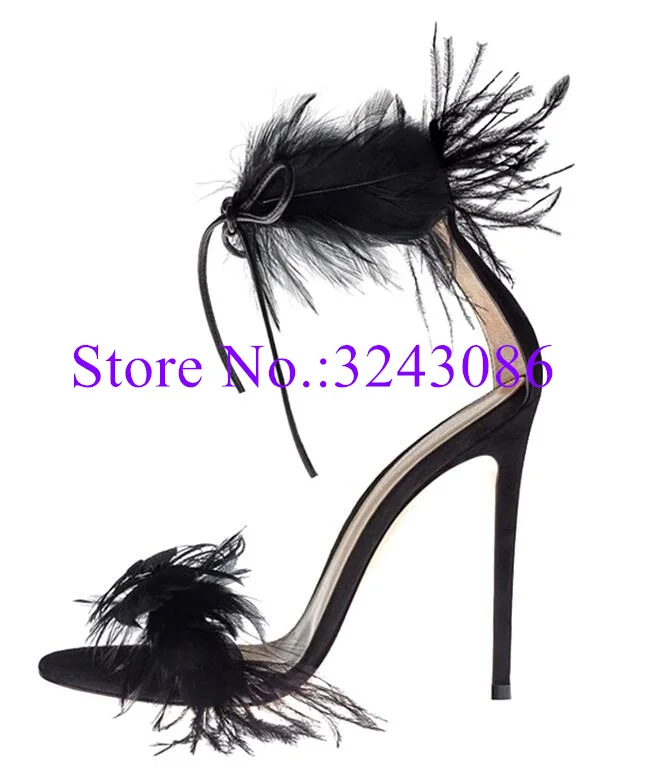 Sexy Black Feather Woman Sandals Fashion Peep Toe Lace-up Thin Heel Pumps Party Shoes Lady Popular Banquet Shoes High Heels