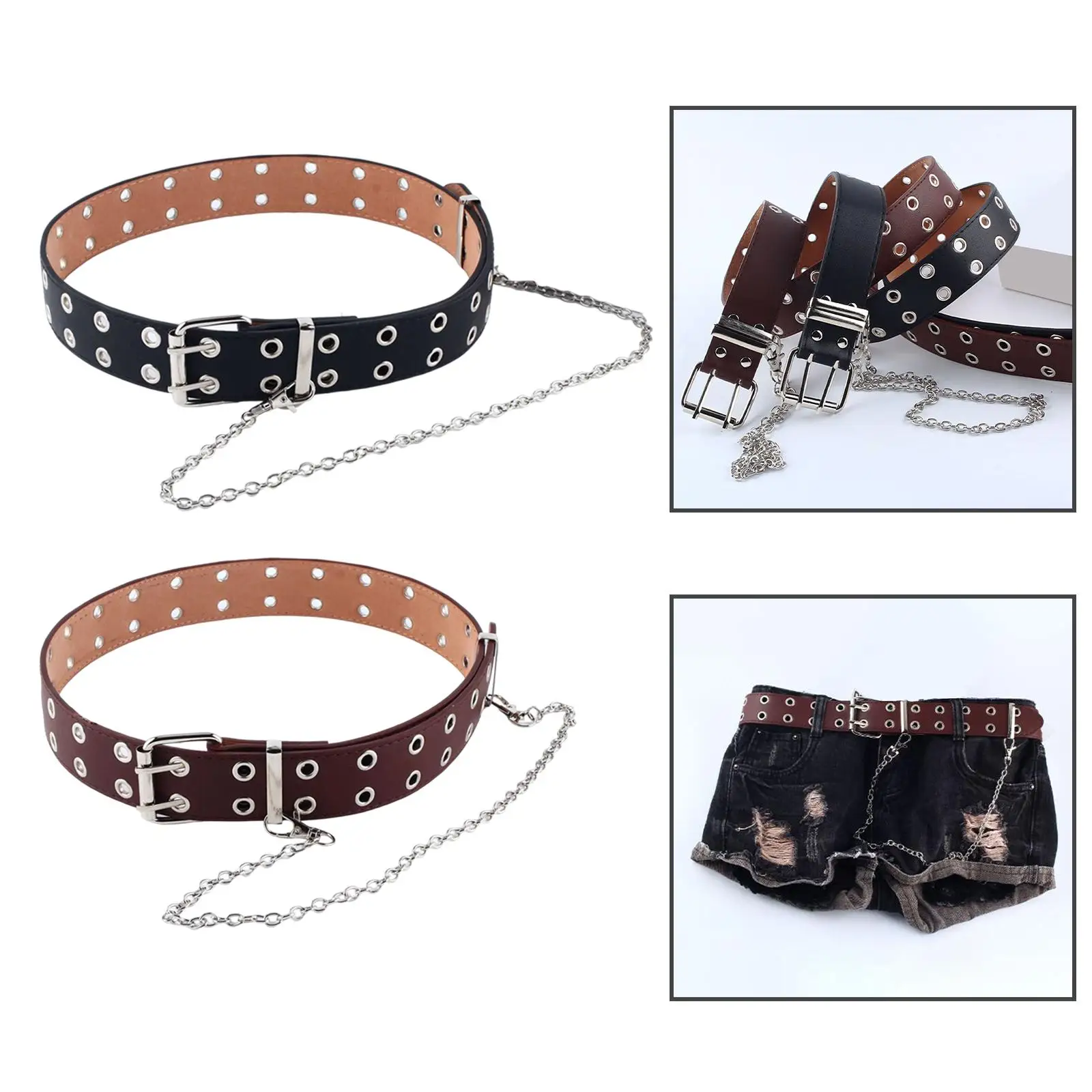 Fashion Belt Waist Strap Double Eyelets Hole with Chain Decorative Clothing Buckle Heavy Metal All Match Waistband for Biker