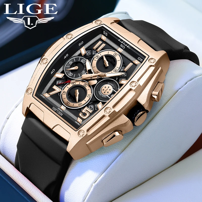 LIGE Men Watch Top Brand Original Sports Quartz Mens Watches Silicone Band Waterproof Chronograph Wristwatch Relogios Masculinos