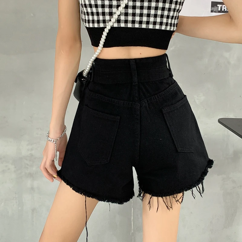 Fashion Zipper Solid Color Hole Denim Casual Shorts Female Clothing 2024 Summer New Loose All-match High Waist Shorts