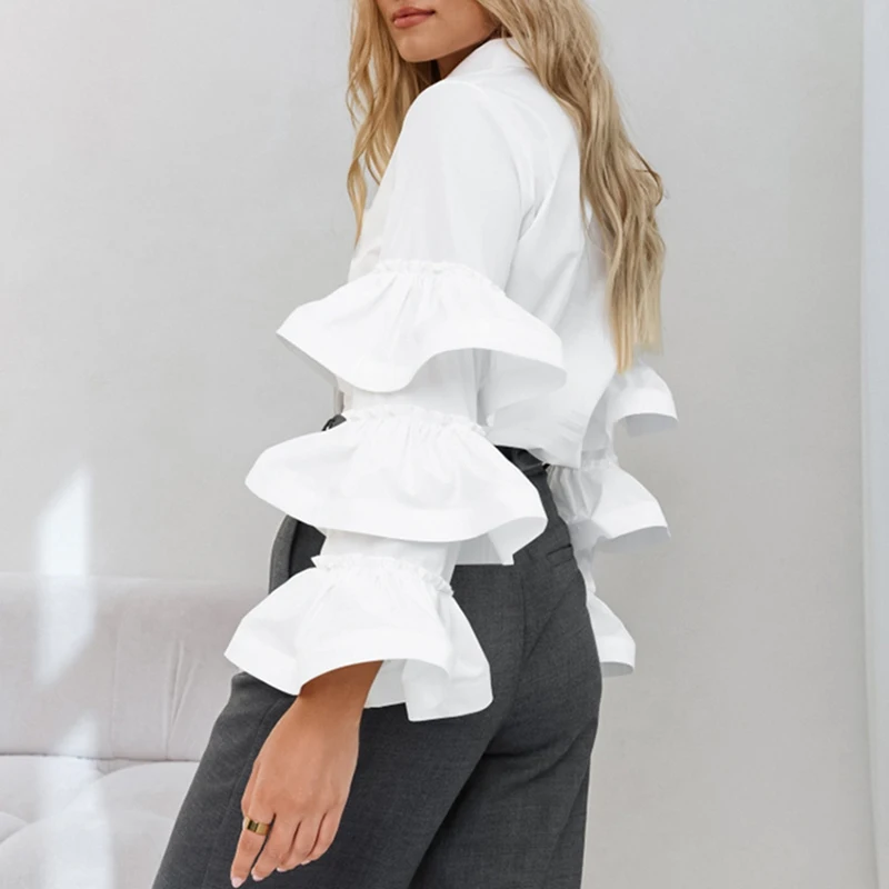 Office Ladies Lapel Flared Sleeve Blouses Fall New Ruffle Design Solid Color Shirt Fashion Temperament Single Breasted Slim Tops