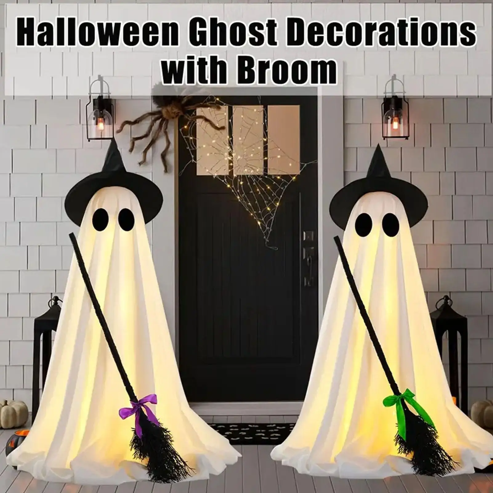 

Halloween Standing Light Up Ghost Halloween Decorations Outdoor Standing Ghost With Witch Broom Glowing Spooky Decor For