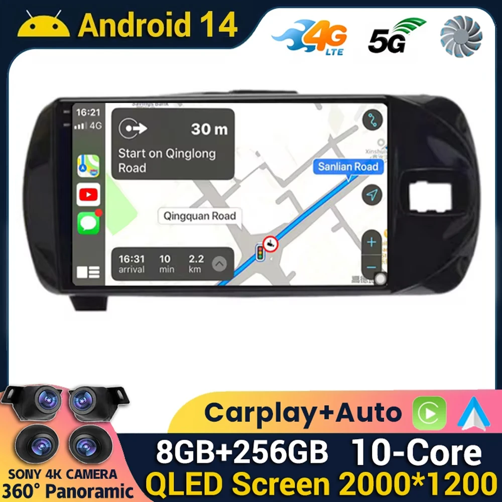 Android 14 Carplay Auto For Toyota Vitz 3 XP130 2014 2015 2016 2017 2018 2019 Car Radio Player Multimedia GPS Stereo Head Unit