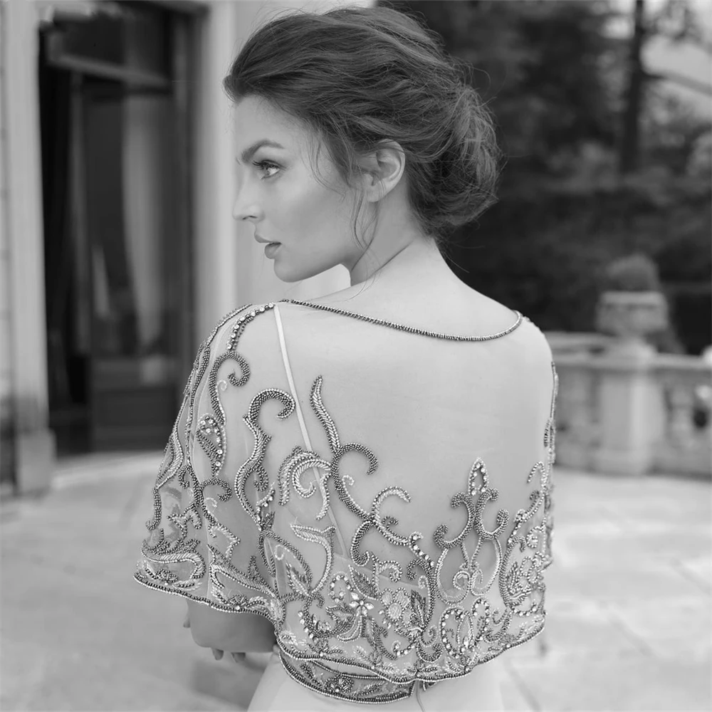 20122 # Vestido de novia elegante de satén con tirantes finos para novia, vestido de novia con capa desmontable con cuentas, personalizado