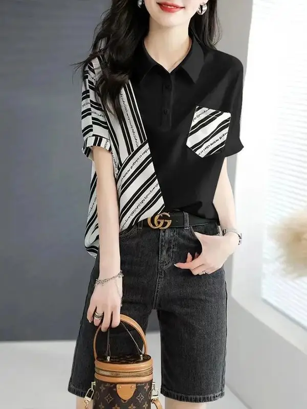 Casual Striped Patchwork Shirt Tops Summer New Polo Neck Pocket Loose Contrast Fashion Blouse Vintage Trend Women Clothing