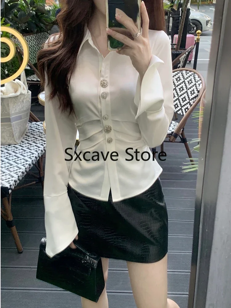 2024 Spring Design Elegant Stain Shirts Office Lady Korean Style Fashion Blouse Women Long Sleeve Button Y2k Tops Female Outwear