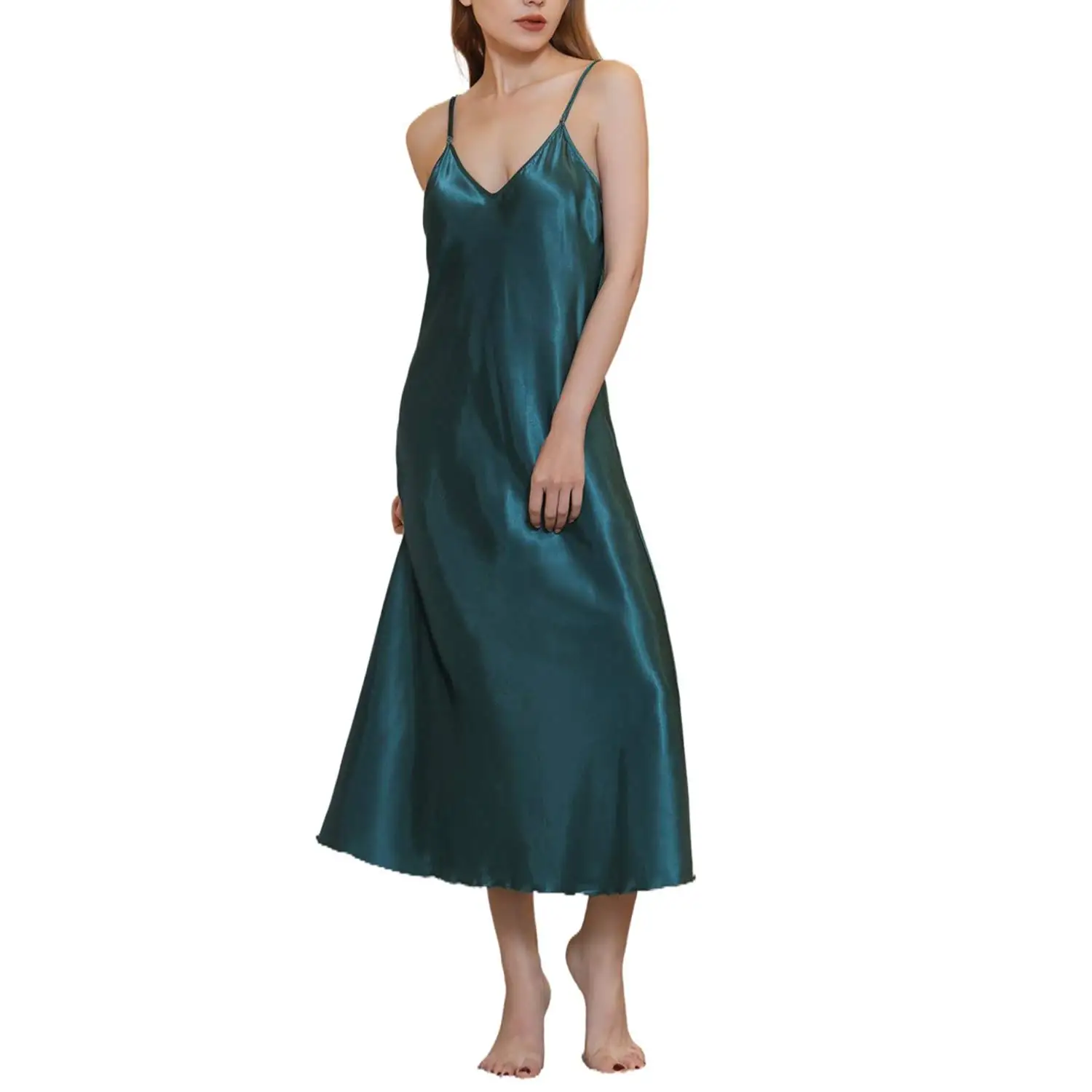 Women\'s Satin Nightgown Long Slip Sleep Dress Silk V Neck Sleepwear Solid Color Nightwear