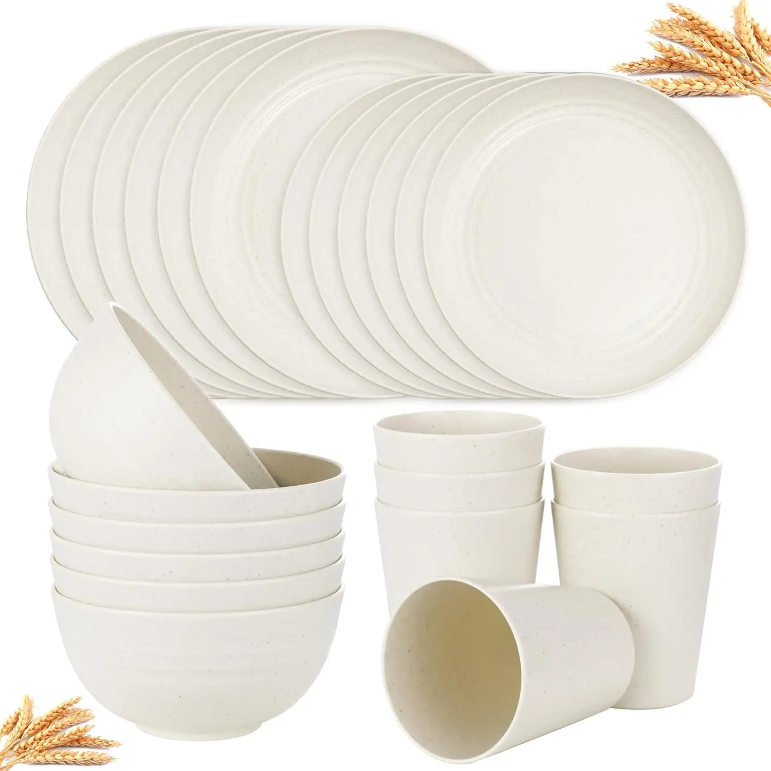 

24pcs Wheat Straw Dinnerware,Unbreakable Dinner Plates Set,Microwave Dishwasher Safe,Beige Reusable Plates for Picnic