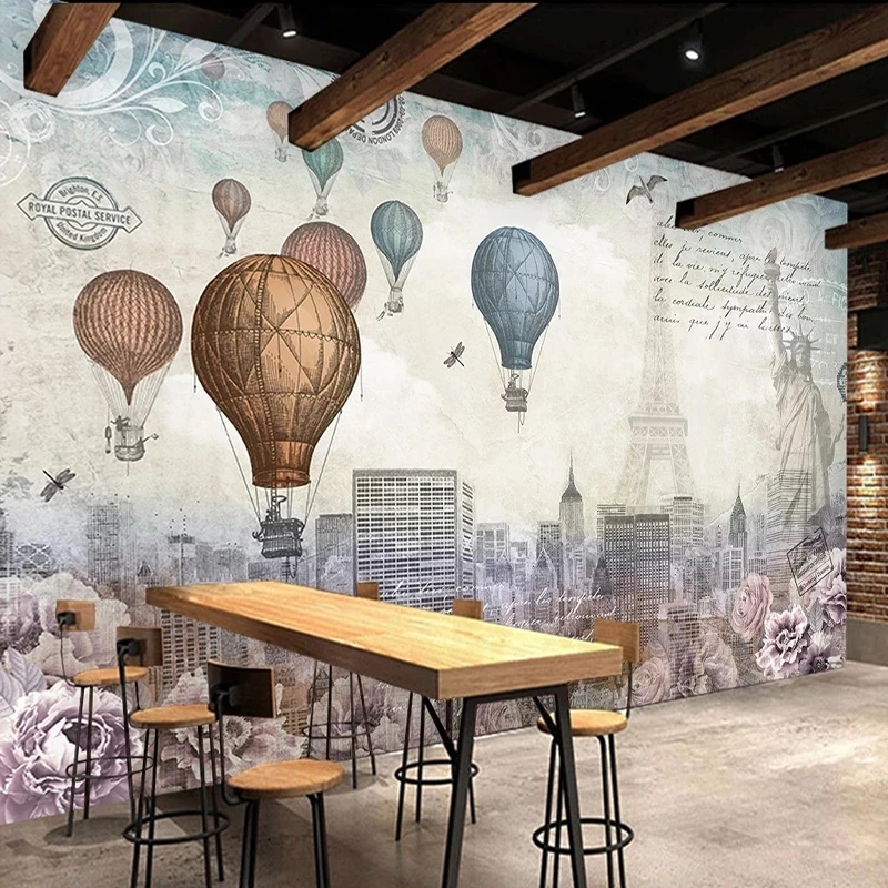 Customized 3D Wallpaper European Retro Hot Air Balloon Iron Tower Building Photo Restaurant Cafe Mural Living room TV background