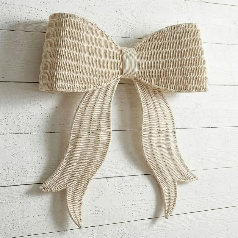 Bohemian Rattan Wall Hanging Decor French Retro Bow Art Pendant Home Decoration Craft Woven Macrame Accent for Living Room