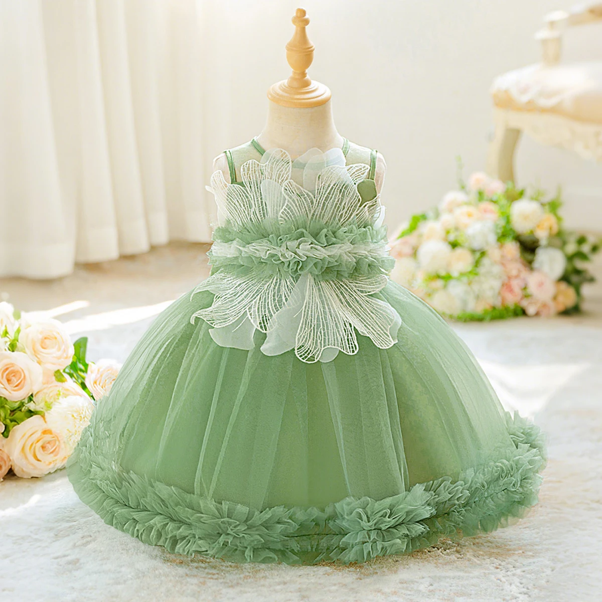 

Elegant Flower Baby Party Girls Dresses Toddler Fluffy Tulle 1st Birthday Princess Dress Kids Wedding Bridesmaid Evening Costume