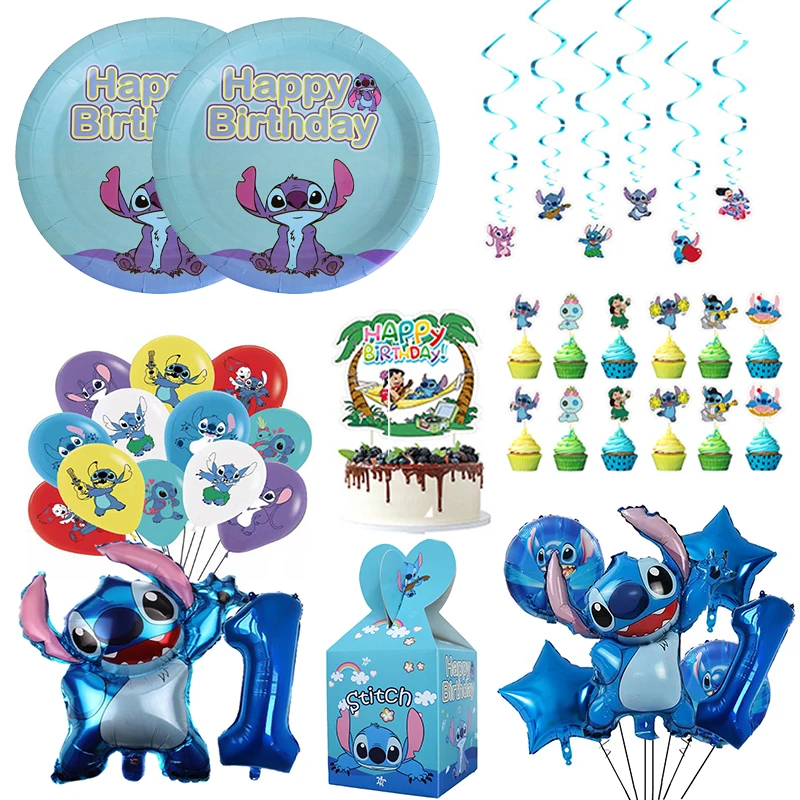 Disney Lilo Stitch Cartoon Party Paper Plates Cup Flag 32inch Number Foil Balloons Birthday Baby Shower Kids Festival Supplies