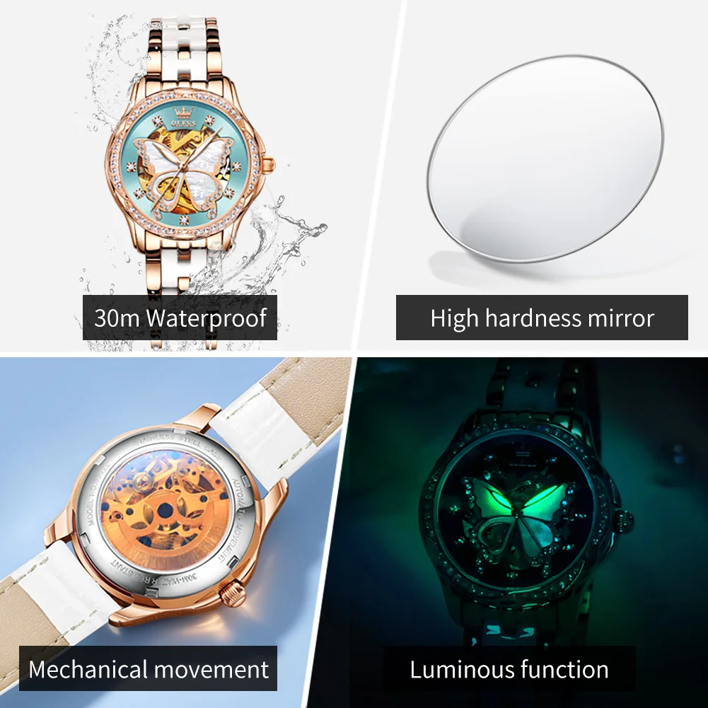 OLEVS 6622 Mechanical Watches for Women Elegant Luxury Hollow Butterfly Dial Ceramics Luminous Waterproof Automatic Ladies Watch