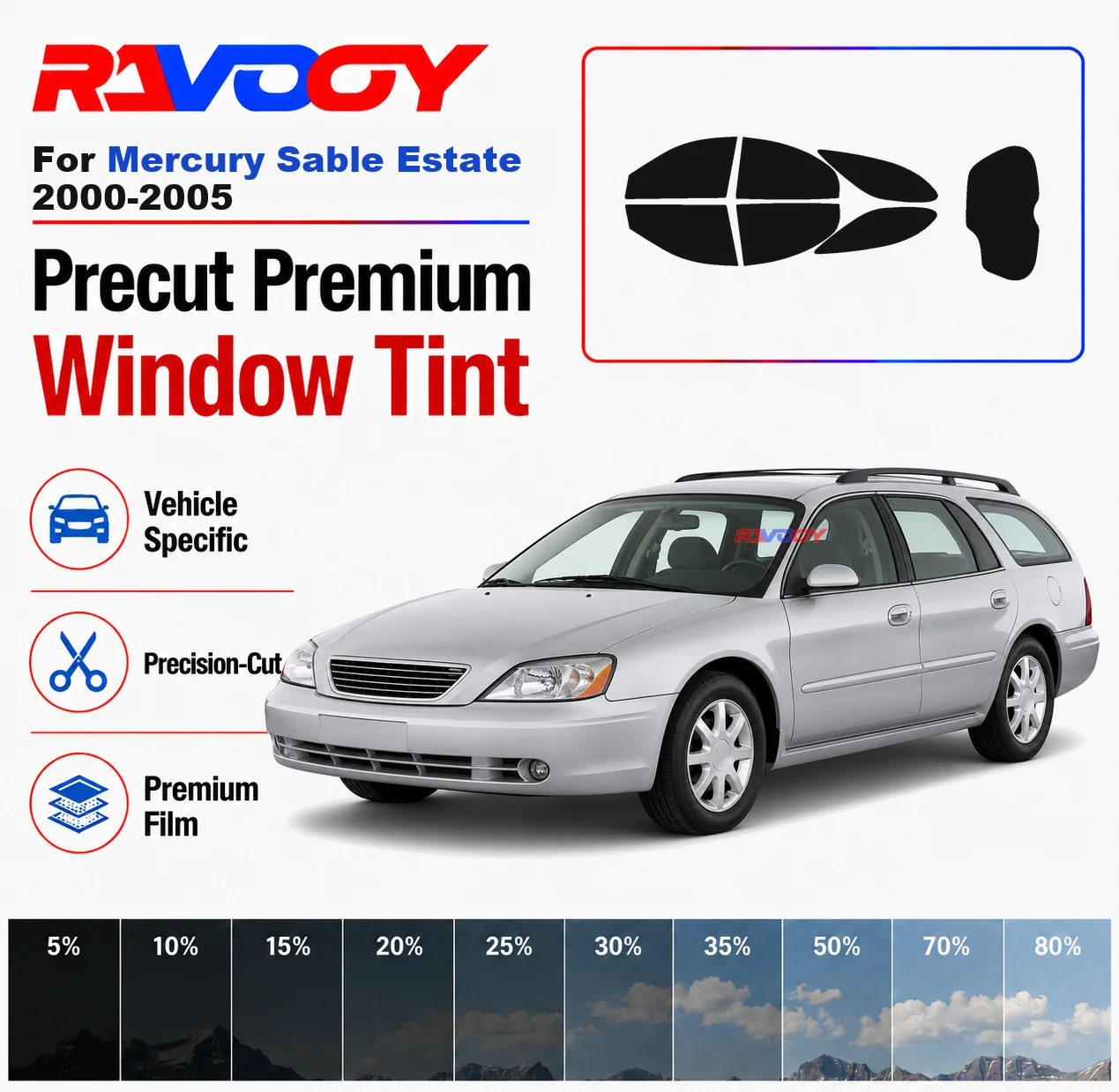 Premium Precut Window Tint Kit Front Rear Windows Rear Windshield For Mercury Sable Estate 2000-2005 Car Solar Nano Ceramic Film