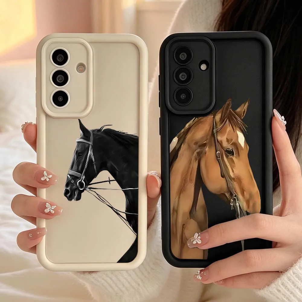 Black Horse Head Cover For Samsung Galaxy A06 A07 A15 A16 A17 A25 A26 A35 A36 A55 A56 A57 Eye Ladder Phone Case